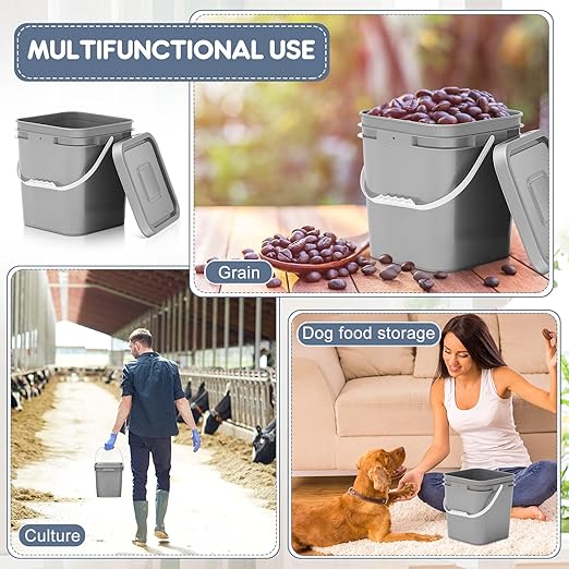 Mumufy 10 Pcs 3.5 Gallon Square Food Grade Bucket with Lid Plastic Pail with Handle and Lid Square Buckets for Storing Dry Food Charcoal Camping Fishing(Grey)