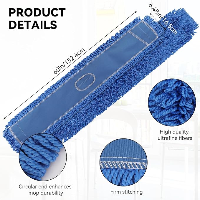 60 Inch Dust Mop Head: Replacement Medium Washable Commercial Mop Head - Sweeper and Janitorial Dust Head Replacement Blue