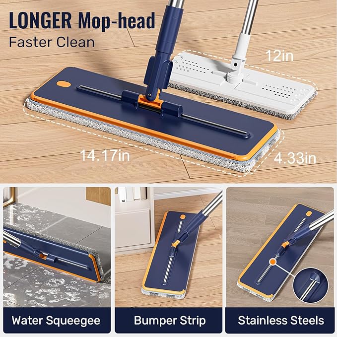 HoMettler Mop and Bucket Set with Wringer, 3-Tank Flat Mop and Bucket System, Wall Mop Cleaner with Long Handle, Hands Free Mops for Floor Cleaning with 6 Microfiber Pads