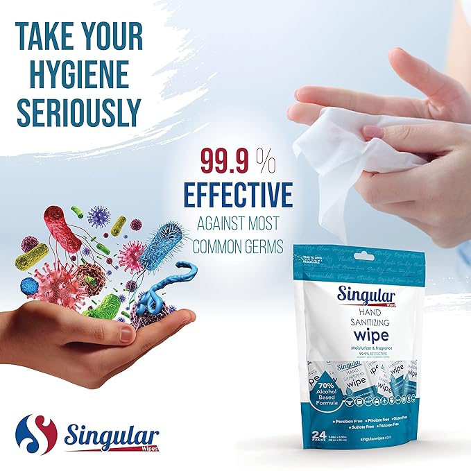 Hand Sanitizing Wipes Travel Size by Singular Wipes – 24ct bag, Individually Wrapped | Fresh Citrus Scent, Moisturizing, 70% Alcohol Wipes | Travel, Office, School, Home | Made in USA