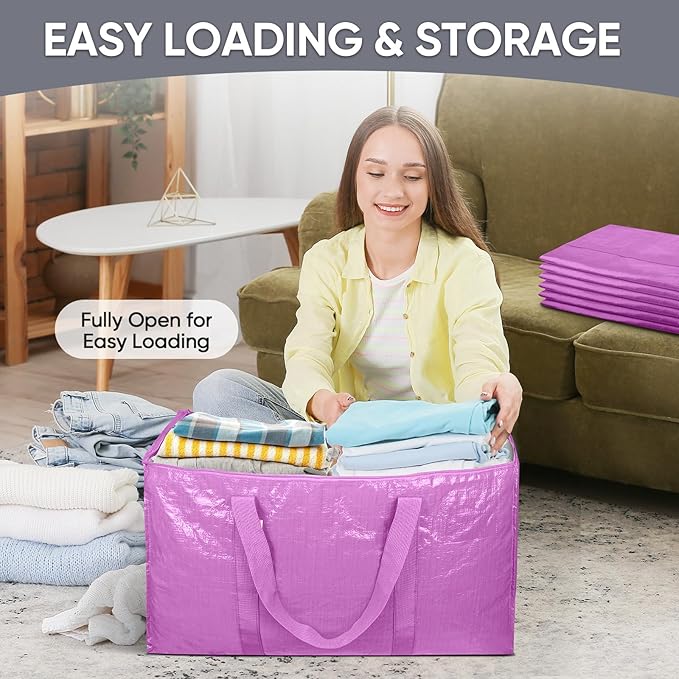 TICONN 4 Pack Extra Large Moving Bags with Zippers & Carrying Handles, Heavy-Duty Storage Tote Moving Boxes for Space Saving (4 Pack, Pink)