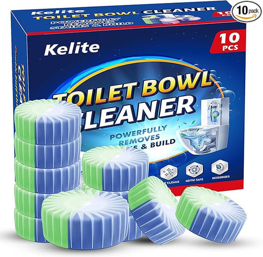 KELITE Automatic Toilet Bowl Cleaner Tablets, 10 Pack Long-Lasting Toilet Tank Cleaner for Bathroom, Blue Water Freshener, Prevents Stains & Odor, Safe for All Toilets (1, 10 Pack (Green+Blue))