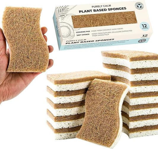Purely Calm Plant Based Natural Sponge - Pack of 12 Cellulose Sponges, Safe on Non-Stick Cookware, Dual Sided Dish Sponge for Washing Dishes, Kitchen and Household