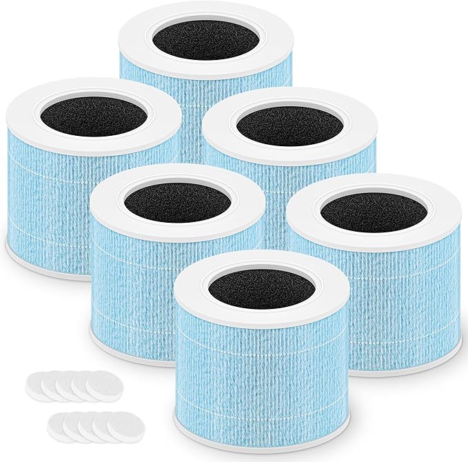 Core Mini Smoke Remover Replacement Filter for LEVOIT Core Mini and Core Mini-P Air Purifier, 3-in-1 H13 Grade True HEPA and Activated Carbon, Core Mini-RF-SR, 6 Filter & 10 Fragrance Sponge, Blue