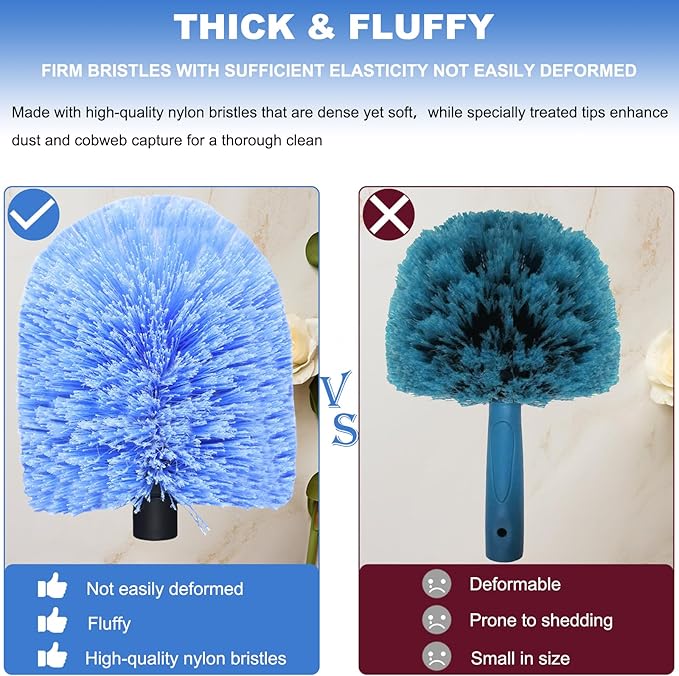 2 Pack Big Cobweb Duster Head Twist-On Spider Web Fuster for Outdoor & Indoor Web Cleaning // Fits Standard 3/4 Inch Threaded Poles // Cobweb Duster Brush Head Only - Bule