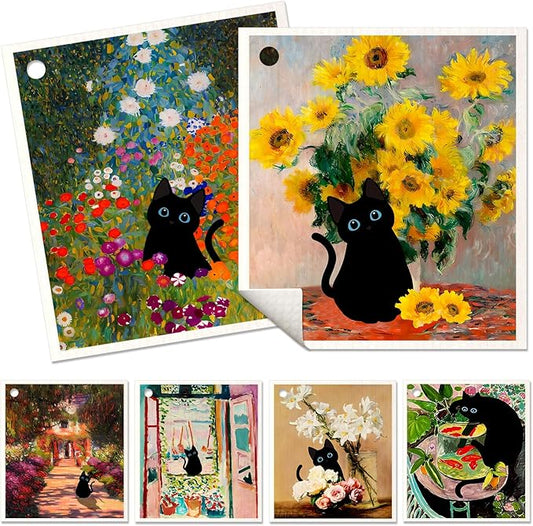 6 Pack Swedish Dishcloths for Kitchen - Reusable Dish Cloths for Washing Dishes Absorbent Cute Funny Kitchen Towels Cleaning Sponge, Floral Cat