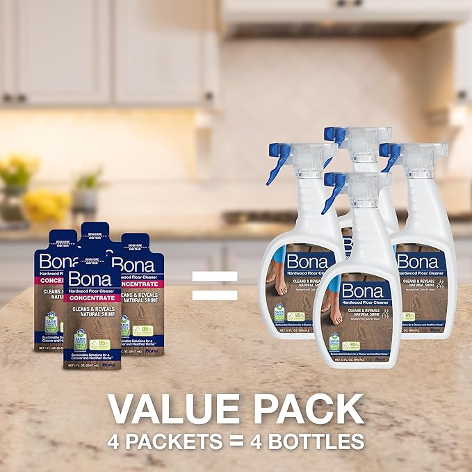 Bona Hardwood Floor Cleaner Concentrate - 1 fl oz - 4-Pack - Residue-Free Floor Cleaning Solution for Bona Spray Mop and Spray Bottle Refill - For Wood Floors