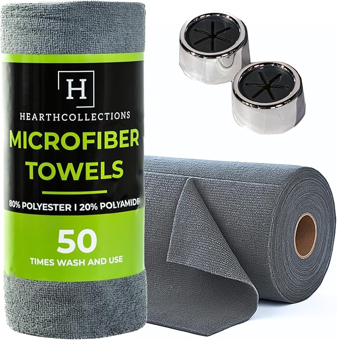 Microfiber Cleaning Cloth Roll, Reusable Tear Away Towels, Ultra Absorbent Dish Rags for Car, Home, Garage (Grey with Hanging Hooks)