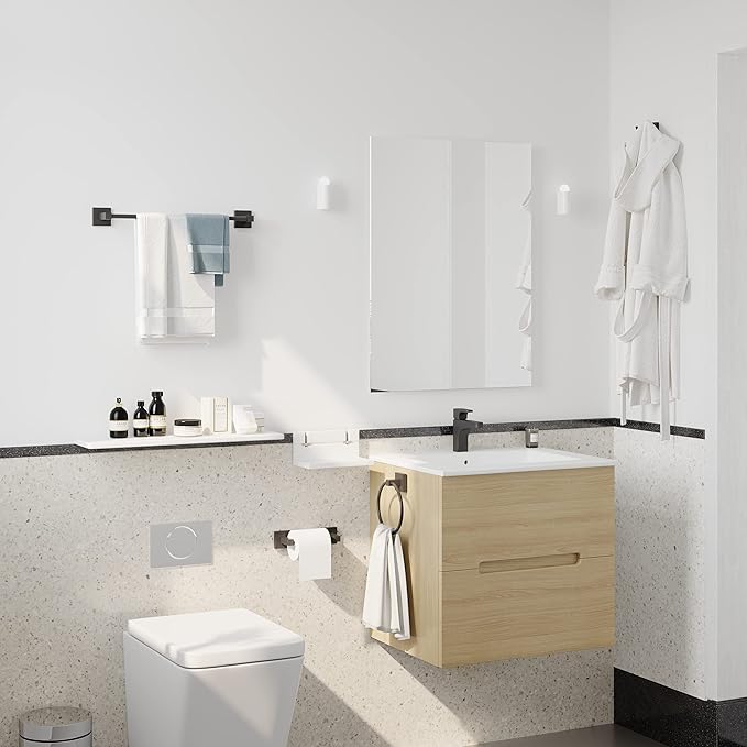 Ruacq 4 Pieces Bathroom Hardware Set Matte Black Square Stainless Steel and Zinc Alloy Modern Wall Mounted,18-Inch Towel Bar,Toilet Paper Holder,Towel Ring,Robe Hook,Bathroom Accessories Kit
