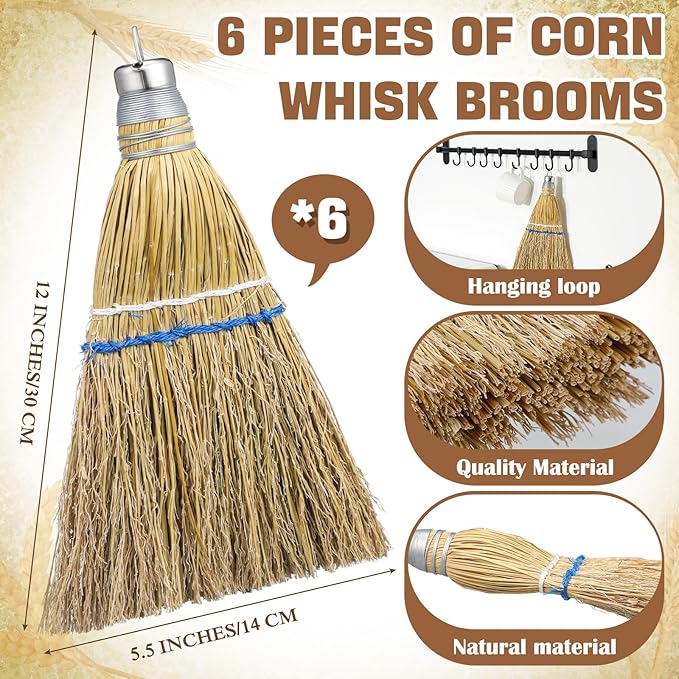 Suclain 6 Pcs 12 Inch Whisk Broom Hand Held Mini Corn Straw Whisk Broom Short Handle with Metal Hanger Halloween for Multi Surface Sweeping Small Hand Brush for Outdoor Car Porch Debris Dust Dirt