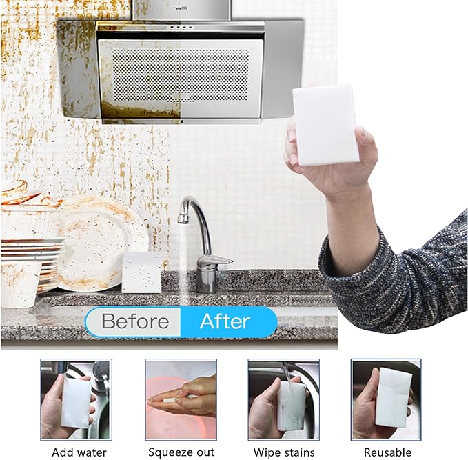 Magic Sponge Eraser, 100 Pack Melamine Foam Bulk Sponge Sheets - Bathroom, Oven, Shower, Glass, Dishes, Stove Top, Kitchen Sinks, Bathtub, Wall Tile, Baseboard Cleaner - White, Not Easily Rip