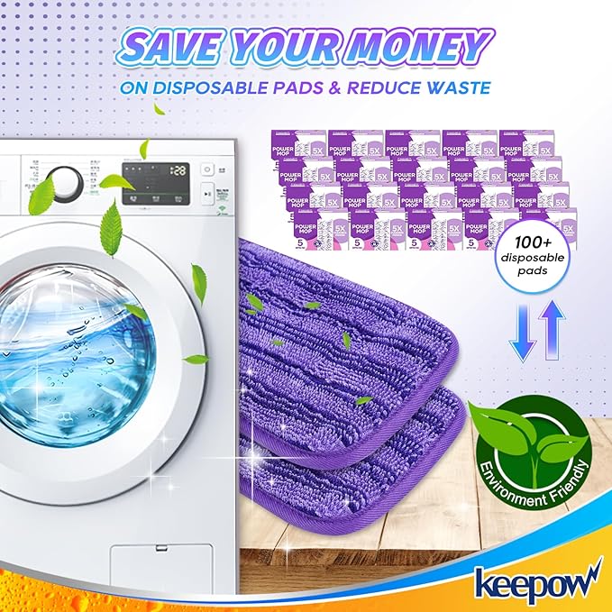 KEEPOW Reusable Power Mop Refill Pads for Swiffer Power Mop, Powermop Mopping Pad Refills for Wood Floor Cleaning, Machine Washable Microfiber Mop Pads for Wet and Dry Use, 4 Pack