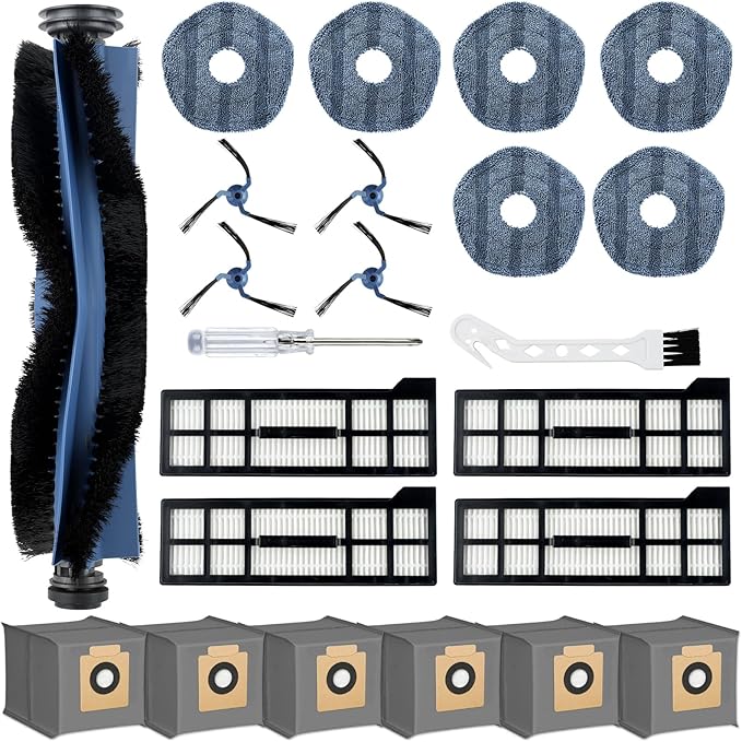 23 Pack X10 Pro Omni Replacement Parts for Eufy X10 Pro Omni Robot Vacuum Cleaner Accessories, 1 Main Brush, 4 Hepa Filters, 4 Side Brushes, 6 Mop Pads, 6 Dust Bags, 1 Screwdriver 1 Cleaning Brush