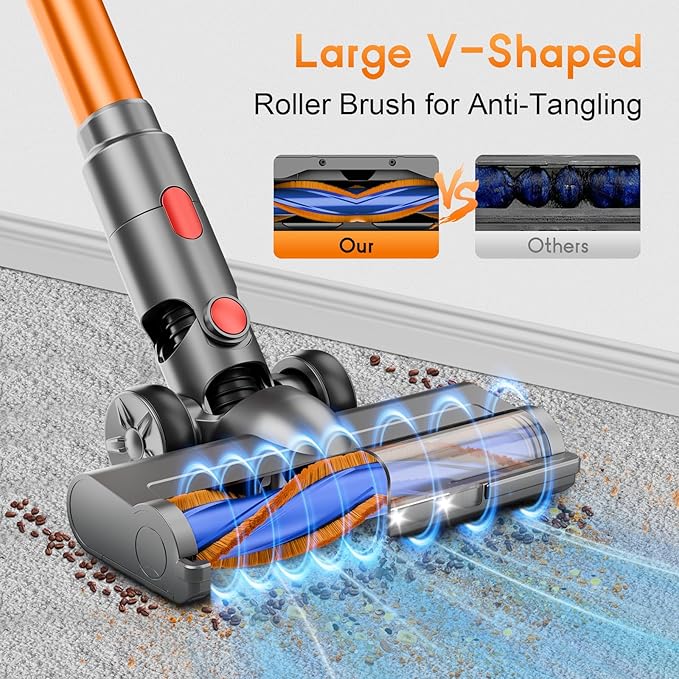 BSNAW Cordless Stick Vacuum Cleaner - Rechargeable, Powerful Vacuums with Detachable Battery Display, Max 45Mins Runtime, 8 in 1 Handheld Vacuum for Hardfloor & Carpets Pet Hair, 45Kpa Yellow