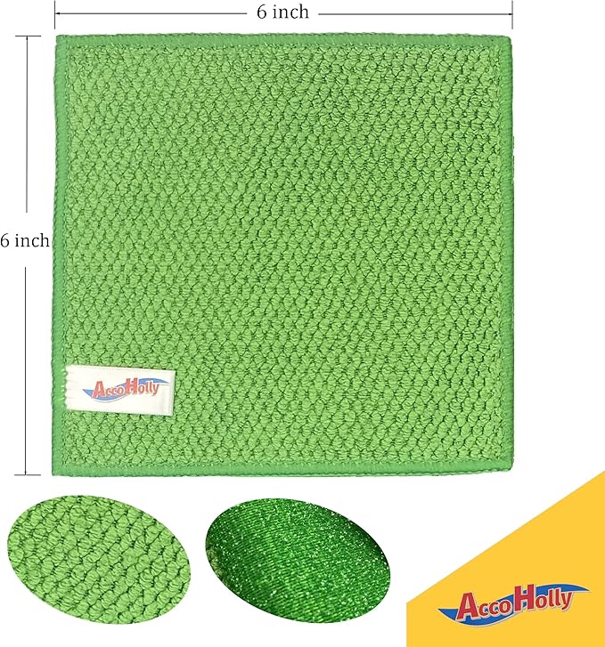 12 Pack Microfiber Scrub Dish Cleaning Cloth, Non-Scratch, 6 x 6 Inch, Multi-use for Pan Pot Dish Cooktop Stovetop Counter Kitchen Household, No Odor, Machine Washable, Blue & Green Assorted