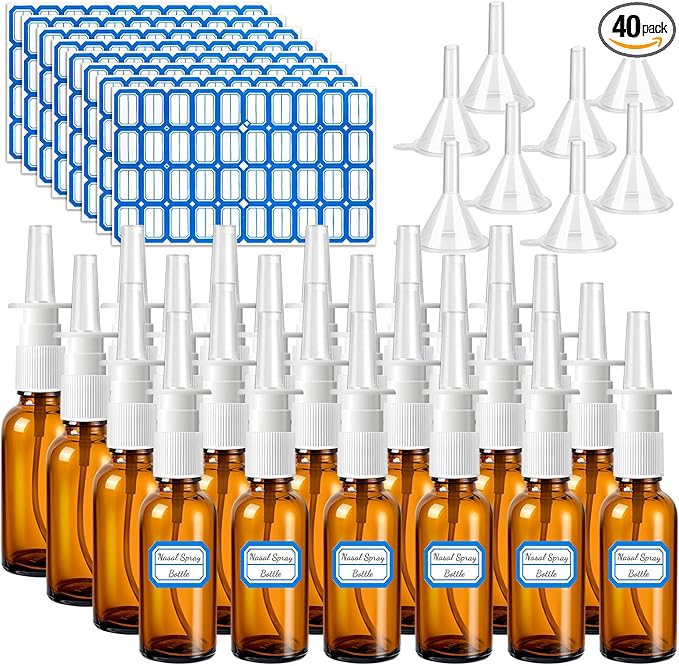 40 Pcs Nasal Spray Bottle Empty, Brown Glass Refillable Fine Mist Nasal Spray Bottles with 8 Pcs Funnels and 8 Pcs Labels (30ML/1oz)