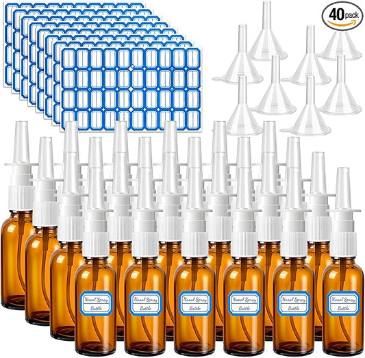 40 Pcs Nasal Spray Bottle Empty, Brown Glass Refillable Fine Mist Nasal Spray Bottles with 8 Pcs Funnels and 8 Pcs Labels (30ML/1oz)