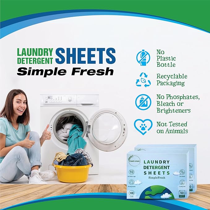 50 Laundry sheets 100 loads | Fresh Linen smell - Laundry Detergent Sheets, Eco-Friendly, Plant-Based, Hypoallergenic, No Plastic Jug Kindly (Fresh Linen)