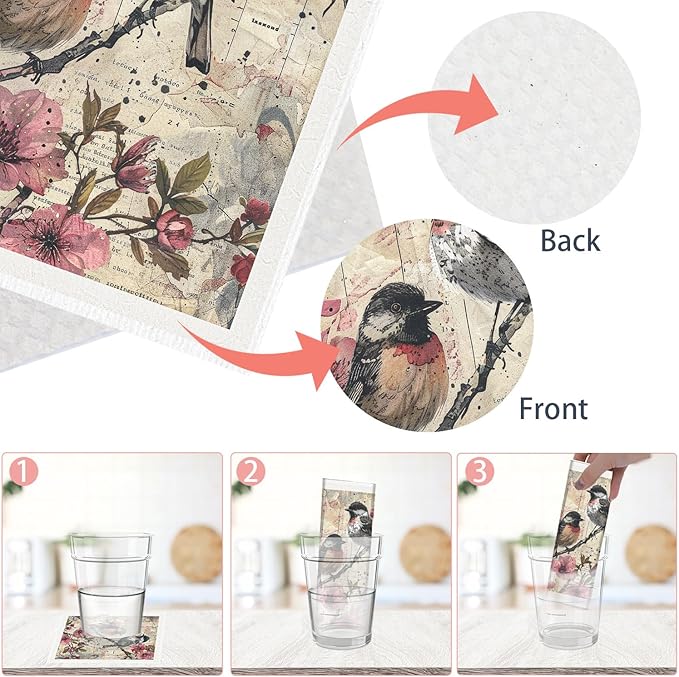 Vintage Bird Swedish Dishcloths for Kitchen, 6PCS Bird Swedish Cloths for Washing Dishes Reusable Floral Dish Towels Washable Cleaning Sponge for Home Party Cleaning Housewarming Quick Drying