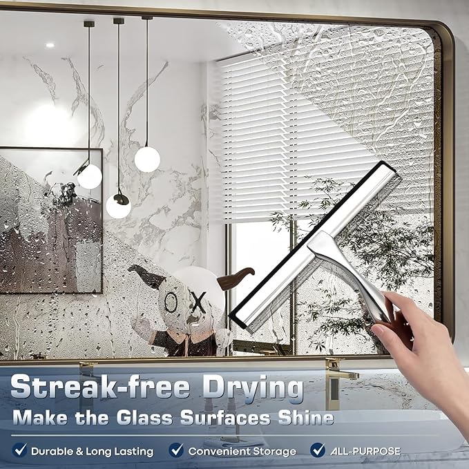OVSGTTZ Stainless Steel Shower Squeegee for Glass, Includes 3 Adhesive Hooks, Shower Door Squeegee for Bathroom, Household Window, Car Windshield, Mirrors, Tiles Scrubber Clear, 12 inch, Silver