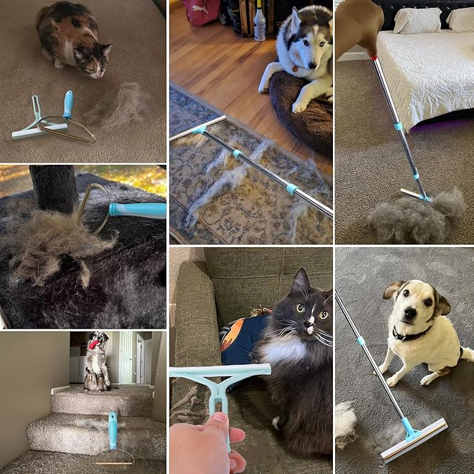 3 Pack Pet Hair Removal Tool, Double Cleaning Carpet Rake for Pet Hair Removal with Lint Remover Brush, 54” Adjustable Dog Cat Pet Hair Removal Broom for Carpets, Car Mat, Couch, Pet Bed, Rugs