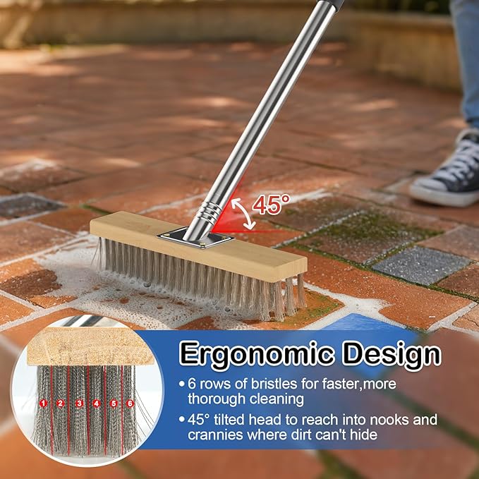 3-in-1 Deck Brush Kit Include Stainless Steel Wire Broom Brush with Long Handle, Floor Scrubber Brush & Crack Weeder Tool for Cleaning Outdoor Broom, Concrete, Garage, Patio, Swimming Pool