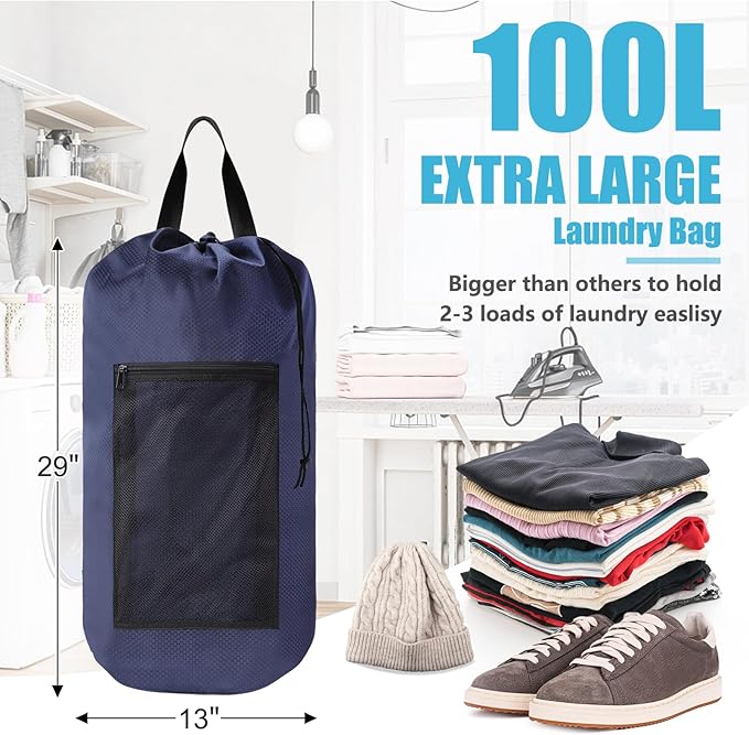 Portable Laundry Backpack With Adjustable Shoulder Straps, Drawstring Closure & Mesh Pocket for Travel, College, Apartment, Camping (Dark Blue)