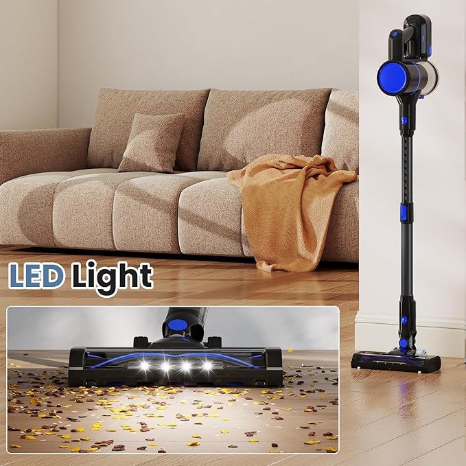 DUMOS Cordless Vacuum Cleaner, Lightweight Stick Vacuum Cleaners for Home, Powerful Suction & LED Lights Rechargeable Battery for Carpets, Pet Hair, Hardwood Floors