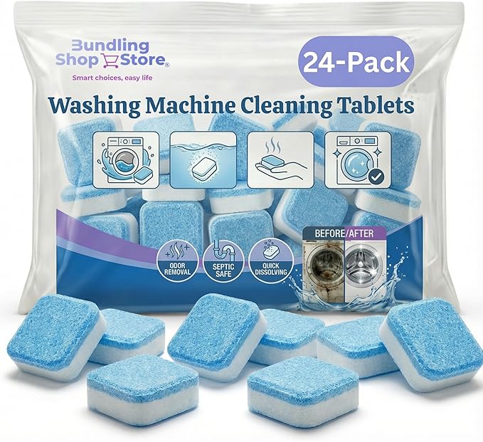 BUNDLING SHOP STORE Active Washing Machine Cleaner Tablets- 24 Pack Deep Cleaning Descaler for HE, Front Load & Top Load Washers, Removes Odor, Limescale & Residue