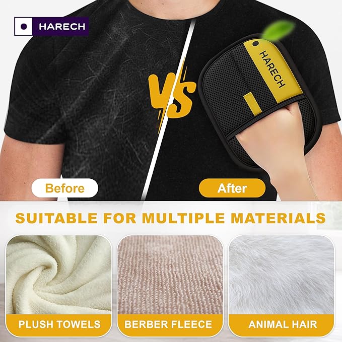 HARECH [2-Pack] Pet Hair Removal Glove Set, Black & Yellow Washable Fur Remover for Dogs & Cats, Reusable Grooming Tool with Meshed Fabric for Furniture, Sofa, Carpet