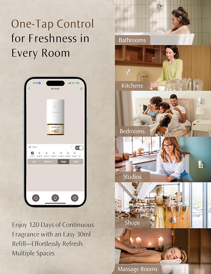 SF101S Smart Wi-Fi Waterless Ultrasonic Essential Oil Diffuser–100% Plant-Based,120-Day Natural Air Freshener & Aromatherapy Scent Diffuser Covers 100㎡ for Home,Hotel-Peppermint