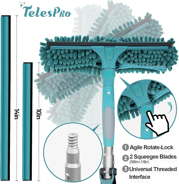 30 Feet High Reach Window Squeegee with 6-24 Ft Extension Pole, Window Cleaner Tool with 5-Stage Telescoping Pole, Window Cleaning Kit with Rotatable Head (2 Squeegee & 2 Microfibre Cloths)