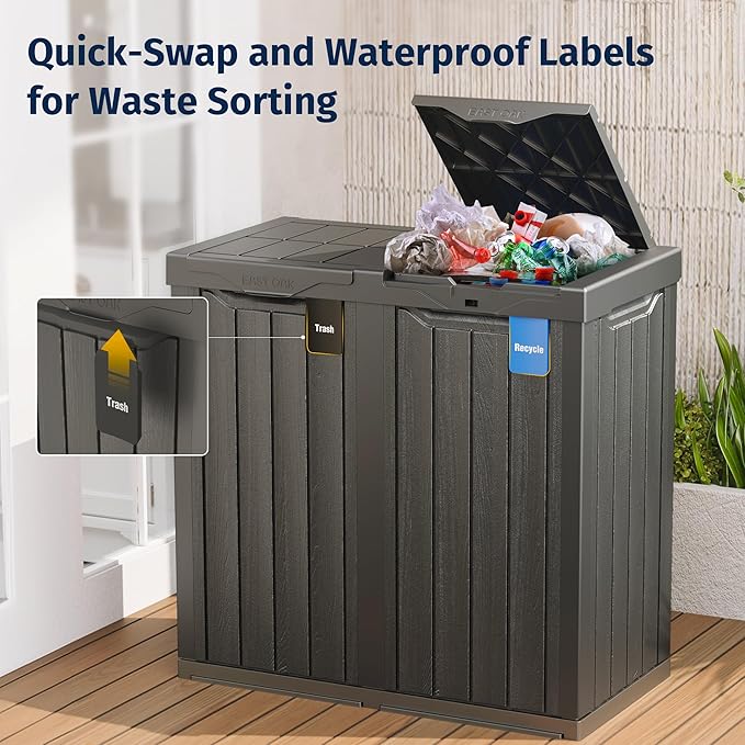 EAST OAK 62 Gallon Outdoor Trash Can | Waterproof Resin Garbage Can with Recycle and Garbage Labels | Secure Bag Lip Lock and Drip Tray | Outside Trash Bin for Patio | Kitchen, Backyard or Deck | Gray