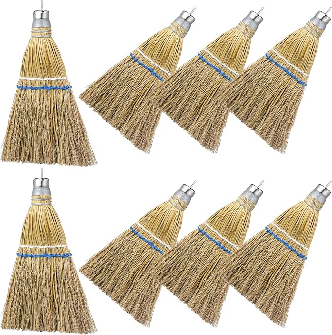 Suclain 8 Pcs 12 Inch Whisk Broom Hand Held Mini Corn Straw Whisk Broom Short Handle with Metal Hanger Halloween for Multi Surface Sweeping Small Hand Brush for Outdoor Car Porch Debris Dust Dirt