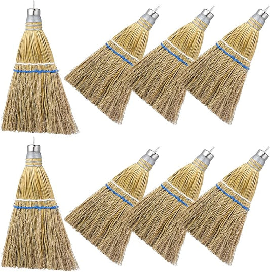 Suclain 8 Pcs 12 Inch Whisk Broom Hand Held Mini Corn Straw Whisk Broom Short Handle with Metal Hanger Halloween for Multi Surface Sweeping Small Hand Brush for Outdoor Car Porch Debris Dust Dirt