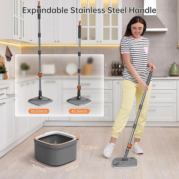KZKR Spin Mop and Bucket Set with 4 Replaceable Microfiber Mop Pads with Self Separation Dirty and Clean Water System, Self Wringing 360° Rotating Square Mop Head for Hardwood Tile Marble Floors