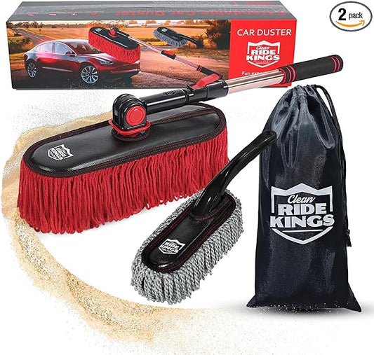 RIDE KINGS Car Duster with Telescopic Handle for Exterior Scratch-Free Cleaning, Auto Dust Remover Set with Small Brush for Dashboard & Interior Detailing
