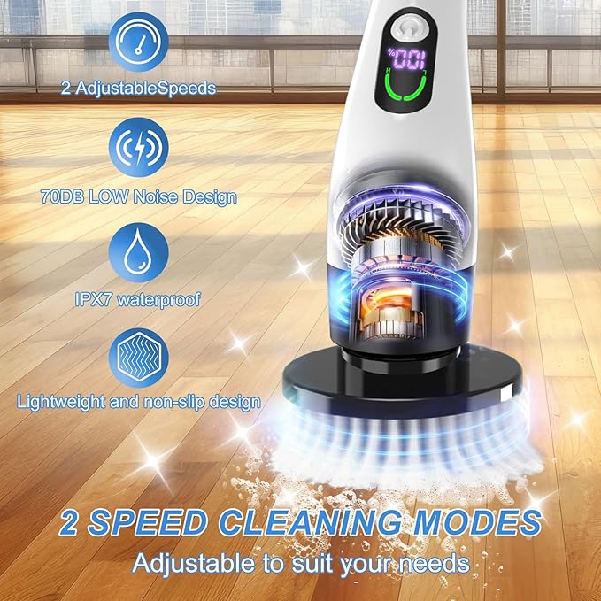 Electric Spin Scrubber with Power LCD Display, Cordless Bathroom Cleaning Brush with Adjustable Extension Handle, 400RPM/Mins, 9 Replaceable Brush Heads, IPX7 Waterproof for Shower, Bathtub, Tile