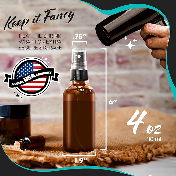 Nevlers 4 Oz Amber Glass Spray Bottles 3 Pack | Small Glass Spray Bottle Set with Shrink Wraps and Funnel | Leakproof Oil Spray Bottle and Spritzer Bottles for Hair, Body, & More