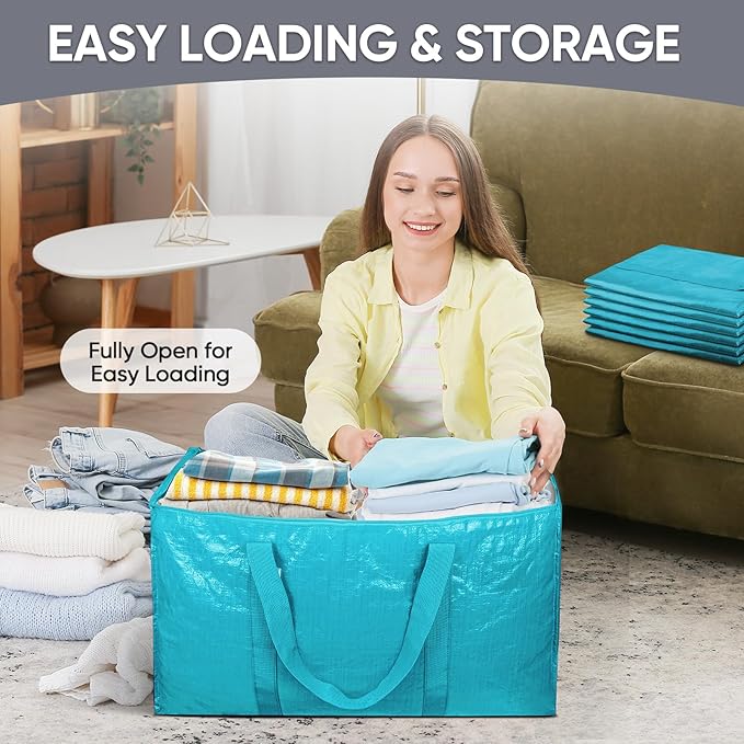 TICONN 6 Pack Extra Large Moving Bags with Zippers & Carrying Handles, Heavy-Duty Storage Tote Moving Boxes for Space Saving (6 Pack, Aqua)