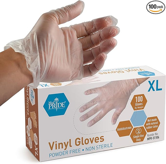 MedPride General Purpose Powder-Free Vinyl Gloves, X-Large (Pack of 100)