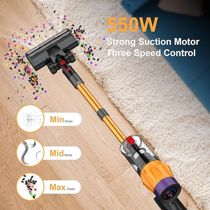 Cordless Vacuum Cleaner w/LED Display, 550W Self-Standing Cordless Stick Vacuum Cleaner for Home, Removable Battery/Lightweight/Rechargeable Pet Vacuum Cordless for Pet Hair/Hardwood Floor/Carpet