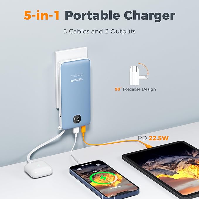 TESSAN Portable Charger with Built in Cables, 10000mAh Power Bank Fast Charging with Foldable AC Plug, 20W Compact Battery Pack Travel Essentials for iPhone 16/15 Series, Samsung, Tablets, Blue