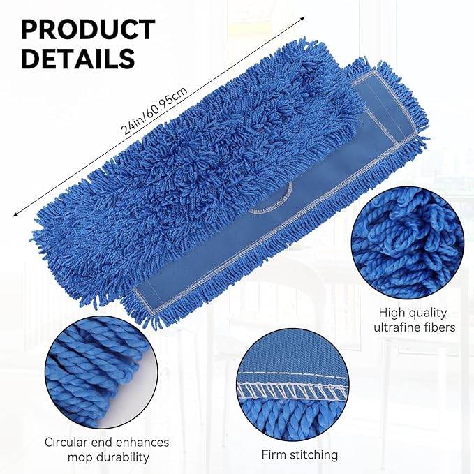Commercial 24 Inch Dust Mop Head: Replacement Sweeper and Janitorial Industrial Dust Mop Head for Floor Cleaning, Office, School, Restaurant, Hospital (Blue - 6 Pack)