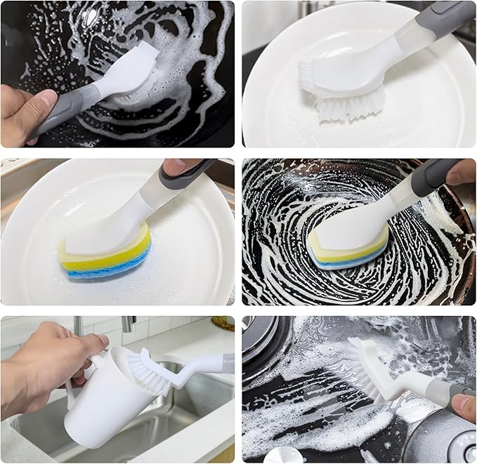 Dish Brush with soap Dispenser，4 PCS Replacement Brush Refills dishwashing Brush Set for Kitchen Utensils, Pans, Sinks, cookware
