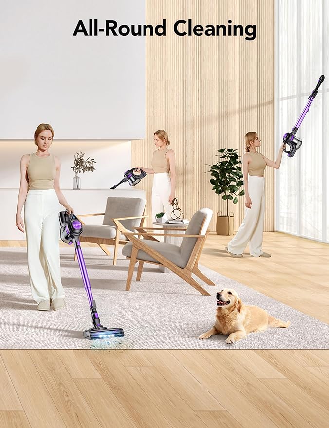 QikCln Cordless Vacuum Cleaner, 23 Kpa Powerful Suction, 1.3 L Large Capacity, 2 Modes & 30Mins Runtime, Rechargeable Stick Vacuum for Pet Hair Hardwood Carpet - Purple