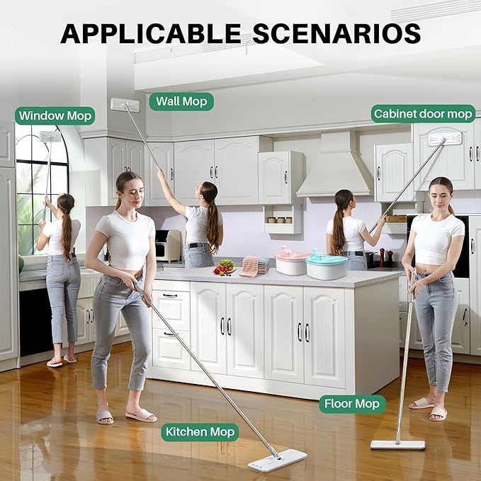 JOYMOOP Flat Mop, Microfiber Floor and Wall Cleaner, 60" Long Handle with 15" Flat Head with a Pad - White