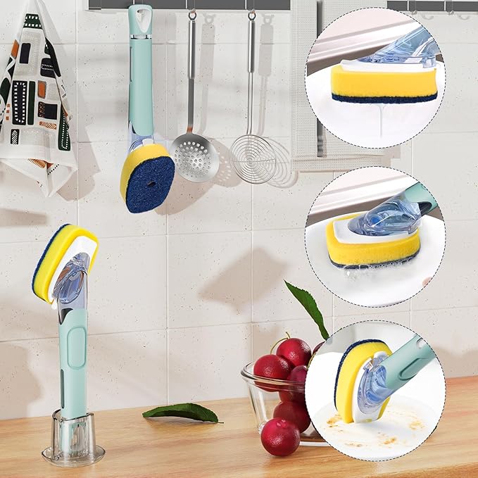 Dish Brush with Soap Dispenser Storage Set with 2 PCS Sponge Refills & Holder, Soap Dispensing Dish Brushes, Sponge with Soap Dispenser Handle, Dish Sponges with Handle for Dishes Pans Pots Sink