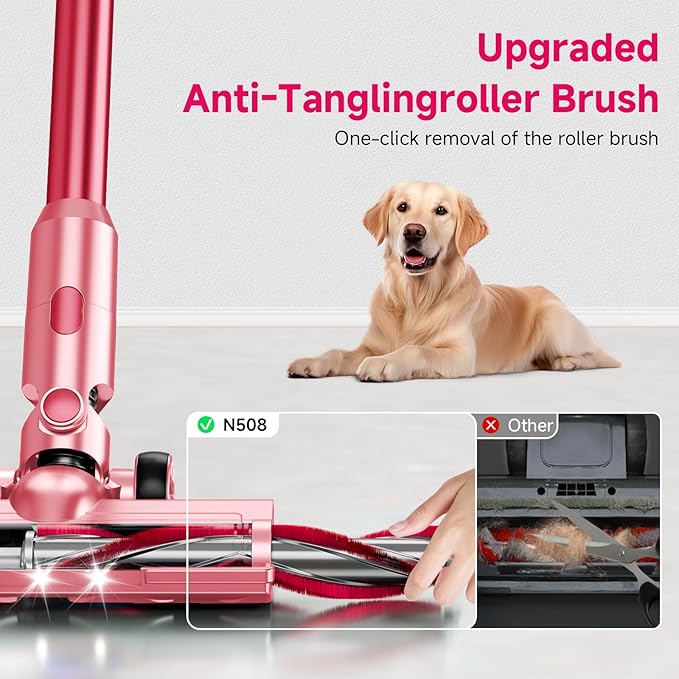 Vaconly Cordless Vacuum Cleaner, 8 in 1 40Kpa 55Mins,Lightweight Vacuum Cleaners for Home, Stick Vacuum with Anti-Tangle Brush,Wall Mount, Rechargeable Cordless Vacuum for Floor/Sofa/Pet Hair,Pink