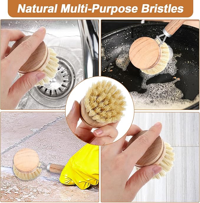 12 Pcs Bamboo Dish Brush Replacement Heads, Natural Sisal Bristle Refills, Eco Friendly Compostable Scrubber Heads for Cleaning Kitchen Utensils